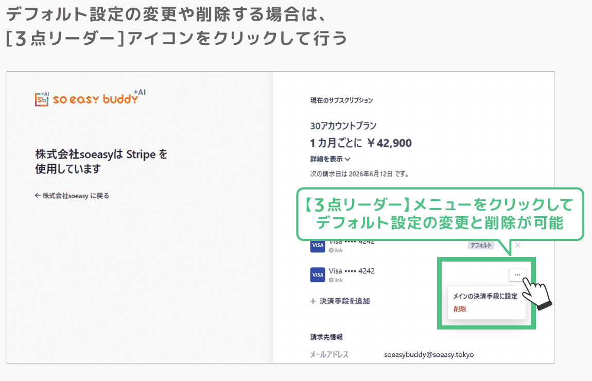 3 点リーダーのメニューからデフォルト変更と削除を行う画面