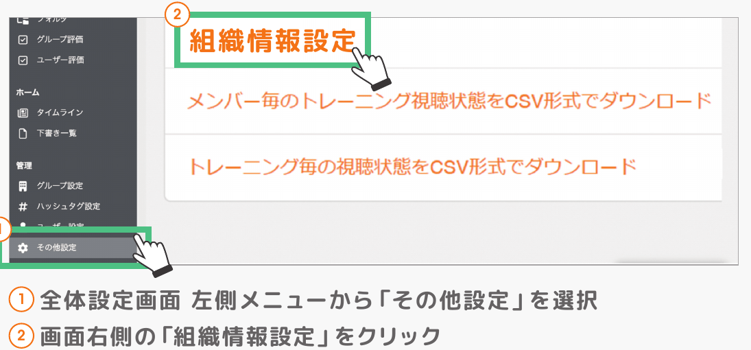 手順 1・2:その他設定から組織情報設定を開く画面